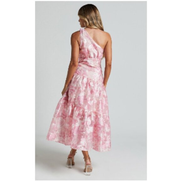 NWT Showpo. Lettie Midi Dress One Shoulder Tiered Blurred Rose Women's 10 Medium - Picture 4 of 15